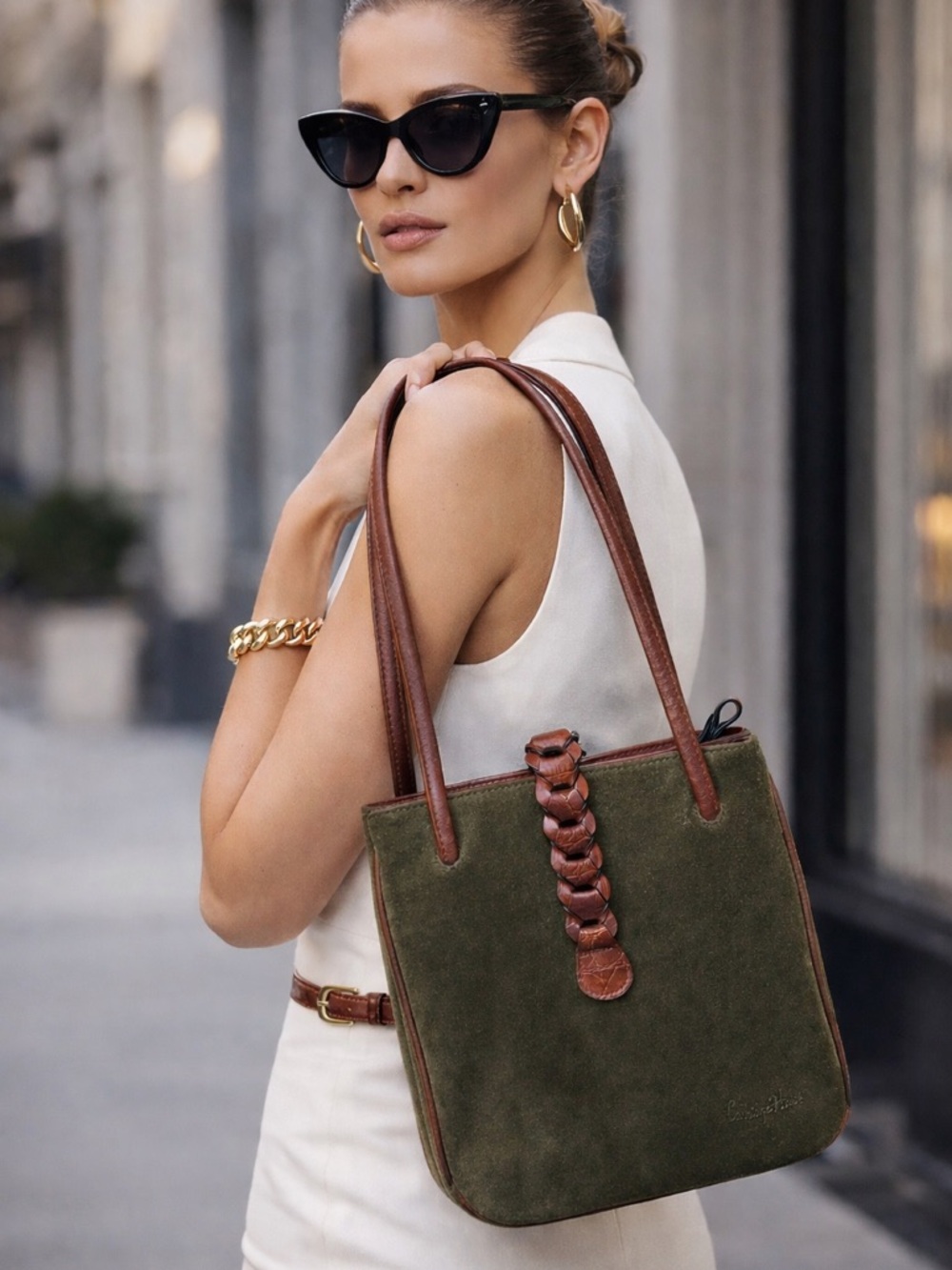 Carriage House Suede & Leather Shoulder Bag – Olive Green / Brown Trim